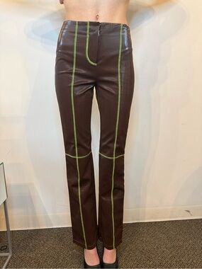 Brown Faux Leather Pants with Lime Green Contrast Stitching